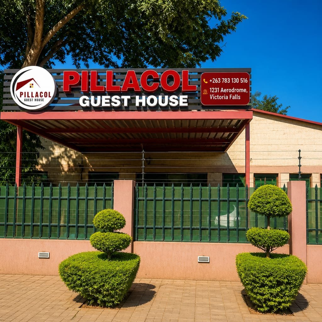 Pillacol Guest House exterior signage in Victoria Falls
